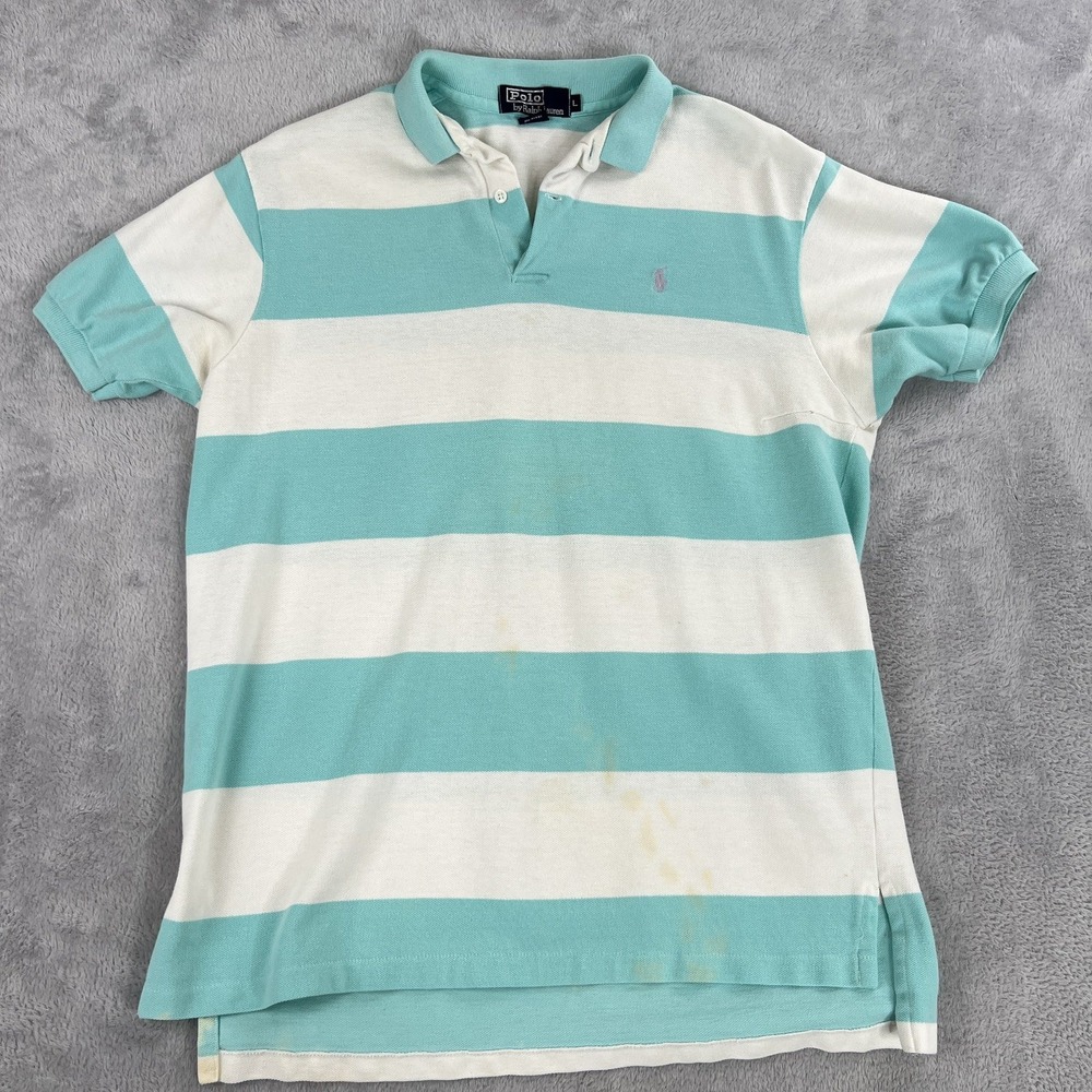 Vintage Polo Ralph Lauren Striped Polo Shirt L Teal White Pique Cotton 90s USA